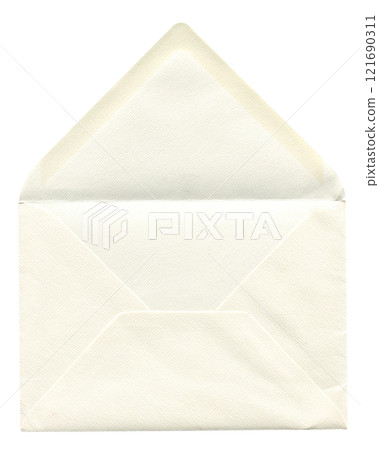 front view of old open aged paper envelope isolated on white 121690311