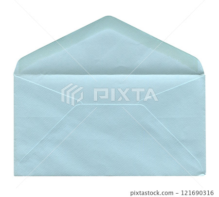 front view of old open aged blue paper long envelope isolated on white 121690316