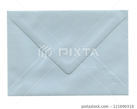 front view of old closed aged light blue paper envelope isolated on white 121690318