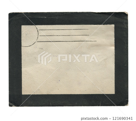 back view of old closed aged paper envelope with faded stamp print and black border frame isolated on white back view of old closed aged paper envelope with faded stamp print and black border frame isolated on white 121690341