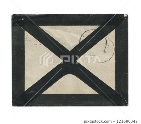 front view of old closed aged paper envelope with faded stamp print and black border frame isolated on white front view of old closed aged paper envelope with faded stamp print and black border frame isolated on white 121690342