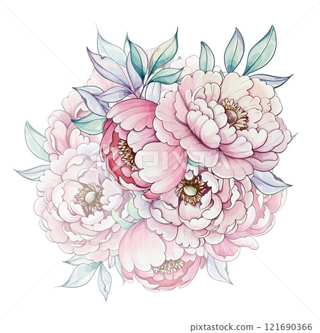 A stunning arrangement of pink peonies displays their lush petals and green leaves, capturing the essence of springs gentle charm and freshness A stunning arrangement of pink peonies displays their lush petals and green leaves, capturing the essence of springs gentle charm and freshness 121690366