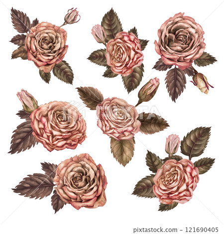 Set of bouquets of pink-brown roses in the fashionable color of mocha mousse. Botanical template for wedding, Valentine's, Mother's Day, photo, women's, gift, textile, card, stickers, scrapbook Set of bouquets of pink-brown roses in the fashionable color of mocha mousse. Botanical template for wedding, Valentine's, Mother's Day, photo, women's, gift, textile, card, stickers, scrapbook 121690405