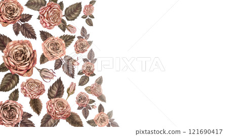 Vintage frame cut out on a floral background. Pink-brown roses in mocha mousse color. Botanical horizontal template for wedding, Valentine's Day, Mother's Day, photo, women's, stickers, scrapbook. Vintage frame cut out on a floral background. Pink-brown roses in mocha mousse color. Botanical horizontal template for wedding, Valentine's Day, Mother's Day, photo, women's, stickers, scrapbook. 121690417