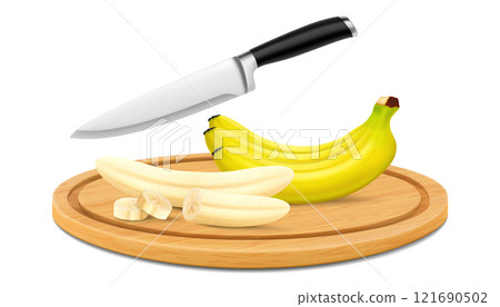 Cutting board with ripe banana, isolated on white background. Sliced tasty peeled banana on round wooden beech cutting board with kitchen knife. Realistic 3d vector illustration 121690502