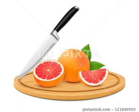Cutting board with fresh juicy cut grapefruit, isolated on white background. Whole and sliced tasty citrus fruits on a round wooden cutting board with kitchen knife. Realistic 3d vector illustration Cutting board with fresh juicy cut grapefruit, isolated on white background. Whole and sliced tasty citrus fruits on a round wooden cutting board with kitchen knife. Realistic 3d vector illustration 121690505