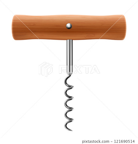 Corkscrew with wooden handle isolated on white background. Close up of wine bottle opener. Realistic 3d vector illustration. Mock up 121690514