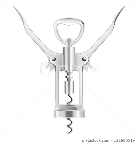 Wine Bottle Opener, isolated on a white background. ?orkscrew for alcohol drink bottles. Wooden cork opener stainless tool with twirling unlock gear. Realistic 3d vector illustration 121690519