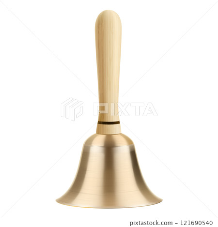 Bronze or golden handbell with wooden handle isolated on a white background. The vintage copper handbell. Realistic 3d vector illustration 121690540