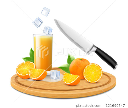 Orange juice in drinking glass with slice, half, and whole orange fruit on a wooden cutting board isolated white background. Realistic 3D vector illustration 121690547