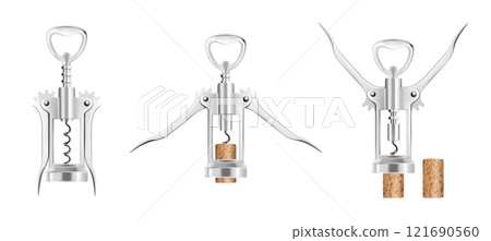 Set of Wine Bottle Opener, isolated on a white background. Corkscrew for alcohol drink bottle. Wooden cork opener stainless tool with twirling unlock gear. Realistic 3d vector illustration Set of Wine Bottle Opener, isolated on a white background. Corkscrew for alcohol drink bottle. Wooden cork opener stainless tool with twirling unlock gear. Realistic 3d vector illustration 121690560