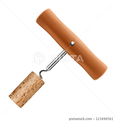 Corkscrew with wooden handle and cork isolated on white background. Close up of wine bottle opener. Realistic 3d vector illustration. Mock up 121690561