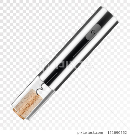 An electronic rechargeable corkscrew with cork, isolated on transparent background. Electronic cordless corkscrew. Gray metal. Realistic 3d vector illustration 121690562