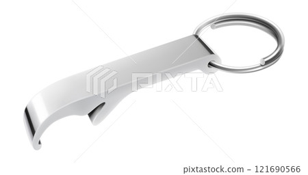 Metal bottle opener in the form of a keychain with attached steel split ring close-up isolated on a white background. Aluminum Bottle or Can Opener. Realistic 3d vector illustration 121690566