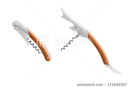 Multipurpose knife. Opened sommeliers knife with corkscrew and bottle opener, waiter's knife professional, isolated on white background. Knife for opening wine. Realistic 3d vector illustration. 121690567
