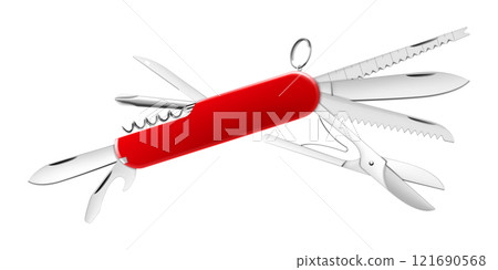 Swiss Army knife or pocket knife isolated on white background. This cutting tool is using the large blade for cutting food, slicing paper, carving wood, or gutting a fish. realistic 3d vector 121690568