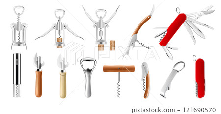 A set of corkscrews and openers. Wine Bottle Opener, can opener, electronic rechargeable corkscrew, sommeliers knife with corkscrew and Swiss Army knife or pocket knife. Realistic 3d vector, isolated A set of corkscrews and openers. Wine Bottle Opener, can opener, electronic rechargeable corkscrew, sommeliers knife with corkscrew and Swiss Army knife or pocket knife. Realistic 3d vector, isolated 121690570