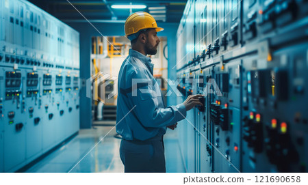 IT electric engineer working in data center security room to control internet connection server. 121690658