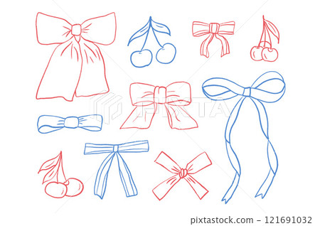 Crayon drawing bow tie and ribbons in butterfly shape set. Christmas coquette aesthetic collection. Chalk band and cherry vector illustration isolated on white background. Crayon drawing bow tie and ribbons in butterfly shape set. Christmas coquette aesthetic collection. Chalk band and cherry vector illustration isolated on white background. 121691032