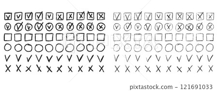Set of checkboxes. Tick and check marks pack. Cross and v sign pencil drawn. Correct and wrong symbols. Vector doodle collection illustration isolated on white background Set of checkboxes. Tick and check marks pack. Cross and v sign pencil drawn. Correct and wrong symbols. Vector doodle collection illustration isolated on white background 121691033