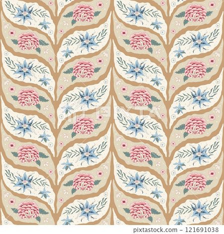 Indian chintz seamless pattern. Modern flower branches endless background. Floral repeat braided cover ornament. Farmhouse wallpaper design. Vector hand drawn tile wildflower motif. Indian chintz seamless pattern. Modern flower branches endless background. Floral repeat braided cover ornament. Farmhouse wallpaper design. Vector hand drawn tile wildflower motif. 121691038