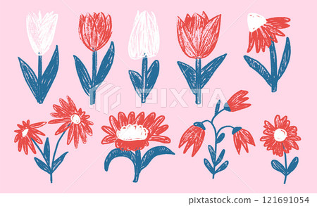 Flowers stencil set. Spring tulip, daisy, chamomile and marguerite doodle crayon. Summer floral kids elements. Chalk childish floral shape. Vector naive pencil illustration. Flowers stencil set. Spring tulip, daisy, chamomile and marguerite doodle crayon. Summer floral kids elements. Chalk childish floral shape. Vector naive pencil illustration. 121691054