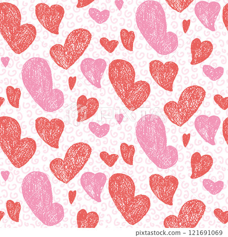 Hearts crayon drawn seamless pattern. Valentines day repeat background painting by pastel. Love symbols endless backdrop. Surface pattern design romantic date motif. Vector hand drawn illustration Hearts crayon drawn seamless pattern. Valentines day repeat background painting by pastel. Love symbols endless backdrop. Surface pattern design romantic date motif. Vector hand drawn illustration 121691069