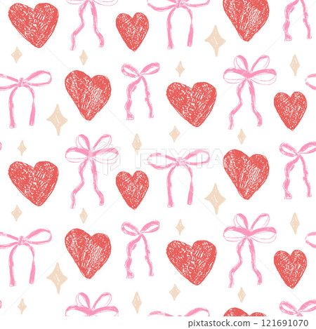 Hearts and coquette bow crayon drawn seamless pattern. Valentines day repeat background. Love and bowknots ribbon symbols endless backdrop. Romantic and girly date motif. Vector hand drawn cover Hearts and coquette bow crayon drawn seamless pattern. Valentines day repeat background. Love and bowknots ribbon symbols endless backdrop. Romantic and girly date motif. Vector hand drawn cover 121691070