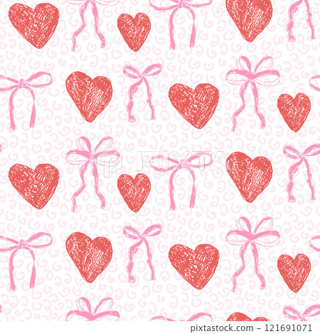 Hearts and coquette bow crayon drawn seamless pattern. Valentines day repeat background. Love and bowknots ribbon symbols endless backdrop. Romantic and girly date motif. Vector hand drawn cover 121691071