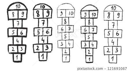 Hopscotch games set isolated on white background. Children playground outdoor entertainment. Vector chalk drawn illustration Hopscotch games set isolated on white background. Children playground outdoor entertainment. Vector chalk drawn illustration 121691087