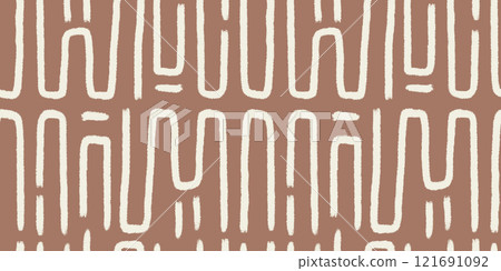 Abstract paint lines seamless pattern. Grunge stroke endless background. Ethnic brown brush ink repeat cover. Tribal continuous ornament. Pattern monochrome motif. Vector hand drawn illustration 121691092