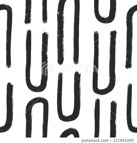 Irregular lines seamless pattern. Curved grunge stroke endless background. Wavy black brush ink repeat cover. Tribal continuous ornament. Surface pattern monochrome. Vector hand drawn illustration 121691093