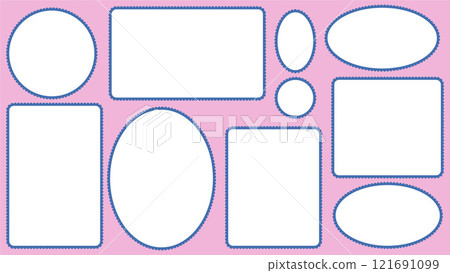 Scallop edged frame templates set. Oval and rectangle shapes. Geometry borders with perforation. Label textboxes Lace frill pack. Trendy blocks blank layout. Vector flat illustration. Scallop edged frame templates set. Oval and rectangle shapes. Geometry borders with perforation. Label textboxes Lace frill pack. Trendy blocks blank layout. Vector flat illustration. 121691099
