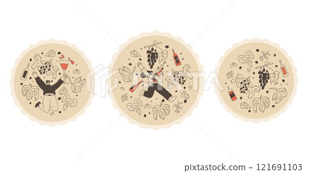 Wine club emblems set. Woman with wine bottle on round stamp. Tasting event circular perforated edges label. Party with alcohol drinks. Person visit a vineyard. Vector hand drawn doodle illustration Wine club emblems set. Woman with wine bottle on round stamp. Tasting event circular perforated edges label. Party with alcohol drinks. Person visit a vineyard. Vector hand drawn doodle illustration 121691103