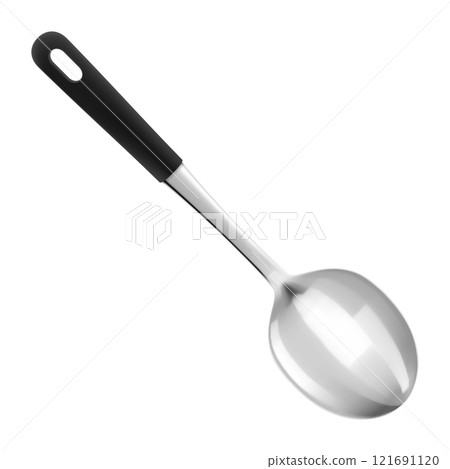 Big metal spoon with black handle, isolated on white background. Realistic 3D vector illustration. Kitchen utensils for for cooking, tableware. 121691120