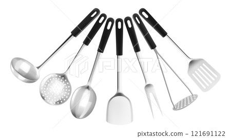 Set of kitchen cooking utensils such as soup ladles and slotted spoons, kitchen Spatula, Potato Masher, Skimmer Spoon, meat fork, 3d realistic mockup vector illustration isolated on white background. Set of kitchen cooking utensils such as soup ladles and slotted spoons, kitchen Spatula, Potato Masher, Skimmer Spoon, meat fork, 3d realistic mockup vector illustration isolated on white background. 121691122