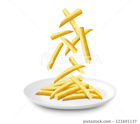Crispy crunchy tasty French fries. Junk food for restaurant menu. Fried potatoes unhealthy fast food. Realistic 3D vector illustration. French fries falling on a white ceramic plate 121691137