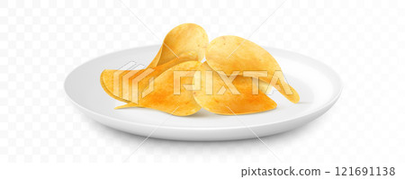 Potato chips on white ceramic plate isolated on white background. Junk food for restaurant menu. Fried potatoes unhealthy fast food. Realistic 3D vector illustration. Potato chips on white ceramic plate isolated on white background. Junk food for restaurant menu. Fried potatoes unhealthy fast food. Realistic 3D vector illustration. 121691138