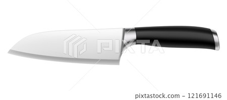 A large Chef's knife with a black handle isolated on a white background. Knife with steel a wide sharp blade. Top view. Kitchenware. Realistic 3D vector illustration. Mock up. 121691146