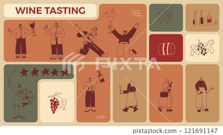 Wine tasting people on bento grid box background. Cellar event on modular mosaic grid. Party with alcohol drinks. Women and men with wineglasses visit a vineyard. Geometric vector doodle illustration 121691147