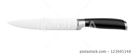 Chef's kitchen knife with black handle isolated on white background with clipping path. Knife with steel sharp blade. Top view. Kitchenware. Realistic 3D vector illustration. Mock up. 121691148
