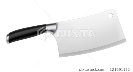 Chinese chef's knife. Meat cleaver knife with a black handle isolated on a white background. Butcher knife, Realistic 3d render, vector illustration. Professional kitchen utensils. Mock up. 121691152