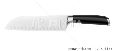 A large Chef's knife with a black handle isolated on a white background. Knife with steel a wide sharp blade. Top view. Kitchenware. Realistic 3D vector illustration. Mock up. 121691153