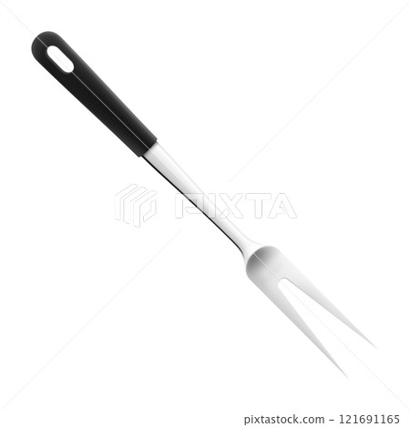 Meat fork isolated on a white background. Barbecue fork, Stainless Steel Carving Fork with black handle. Realistic 3D vector illustration. Kitchen utensils for cooking, tableware Meat fork isolated on a white background. Barbecue fork, Stainless Steel Carving Fork with black handle. Realistic 3D vector illustration. Kitchen utensils for cooking, tableware 121691165