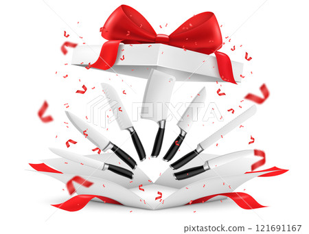 Steel kitchen knives with inside gift box, present concept. isolated on white background. realistic 3d vector illustration. Butcher knives, chef knife, versatile and for slicing fruits, vegetables. Steel kitchen knives with inside gift box, present concept. isolated on white background. realistic 3d vector illustration. Butcher knives, chef knife, versatile and for slicing fruits, vegetables. 121691167
