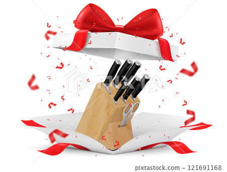 Kitchen knives and scissors with wooden block inside open gift box, present concept. 3D rendering isolated on white background. Butcher knives, chef knife, versatile, for slicing fruits, vegetables. Kitchen knives and scissors with wooden block inside open gift box, present concept. 3D rendering isolated on white background. Butcher knives, chef knife, versatile, for slicing fruits, vegetables. 121691168