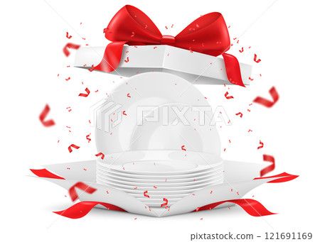 Shiny dishes and porcelain kitchen dinner plates in an open gift box. Present concept. isolated on white background. realistic 3d vector illustration. Advertising banner for kitchen dishes, utensils 121691169