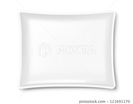 White empty rectangular plate isolated on white background. Top view. White kitchen utensils for eating, Illustration for your projects. Realistic 3D vector illustration 121691170