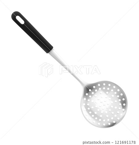 Stainless Steel Round Kitchen Skimmer or Skimmer Spoon Isolated on White Background, Skimming Ladle with black handle. Realistic 3D vector illustration. Kitchen utensils for cooking, tableware Stainless Steel Round Kitchen Skimmer or Skimmer Spoon Isolated on White Background, Skimming Ladle with black handle. Realistic 3D vector illustration. Kitchen utensils for cooking, tableware 121691178