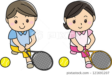 一個男人和一個女人微笑著打網球 121691207